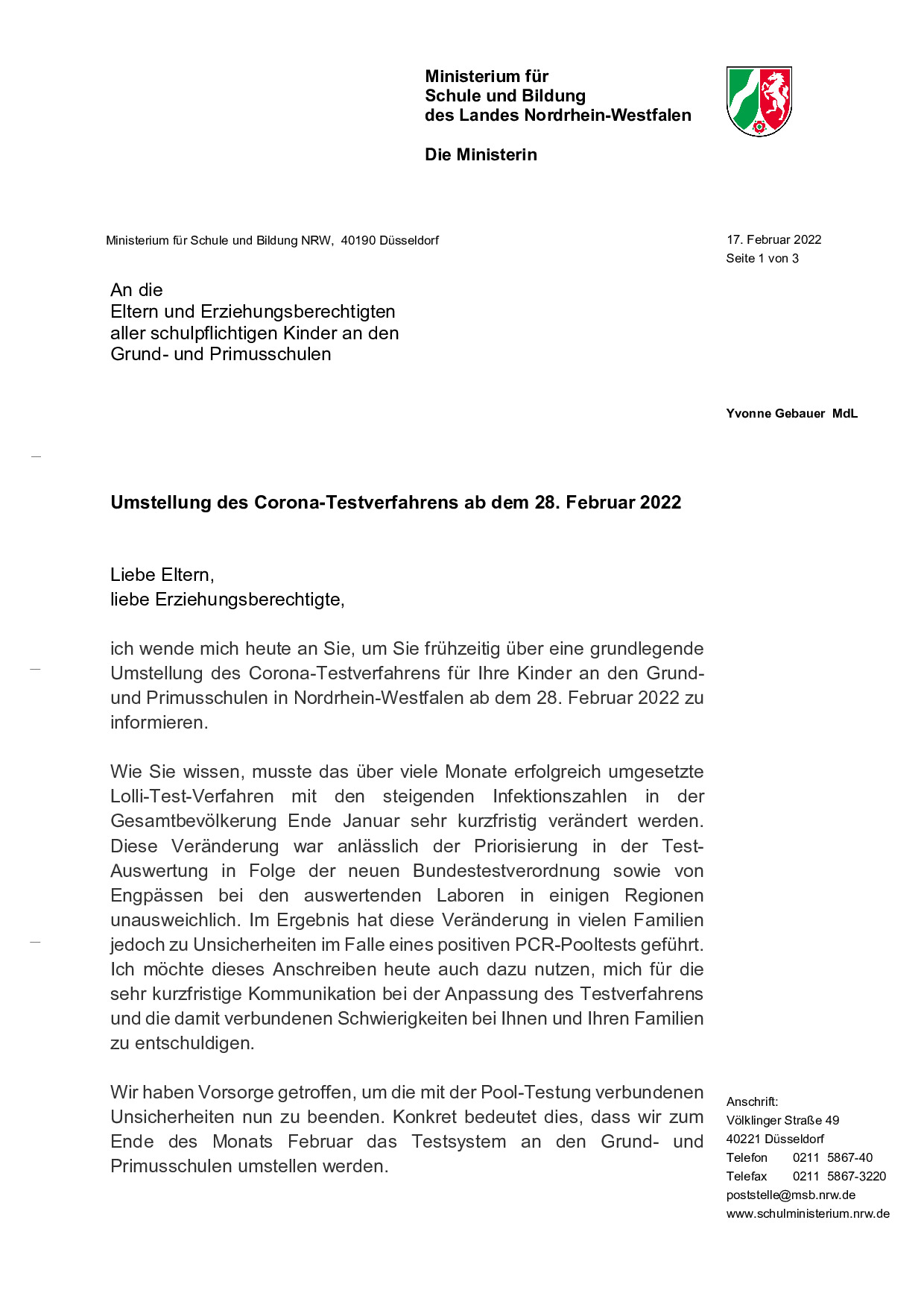 Elternbrief der Ministerin Gebauer vom 17.02.2022 zur Umstellung des Testverfahrens
